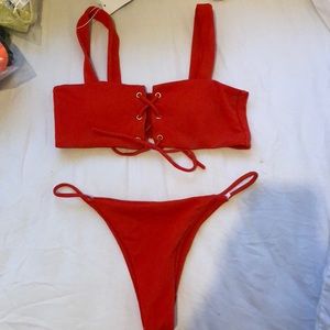 red lace up bikini